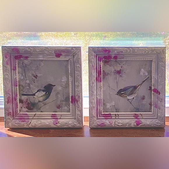 NWT Two 9x9” Delightful Framed Bird Wall Art Paints- Mauve Pinks & Bright White - Picture 12 of 16